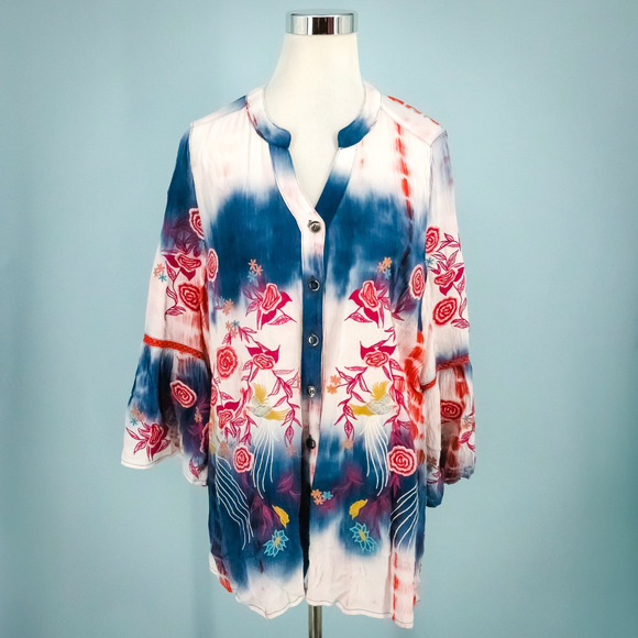 Calessa Size Large L Tie Dye Floral Paisley Embroidered Print Button Tunic Top - Picture 1 of 8